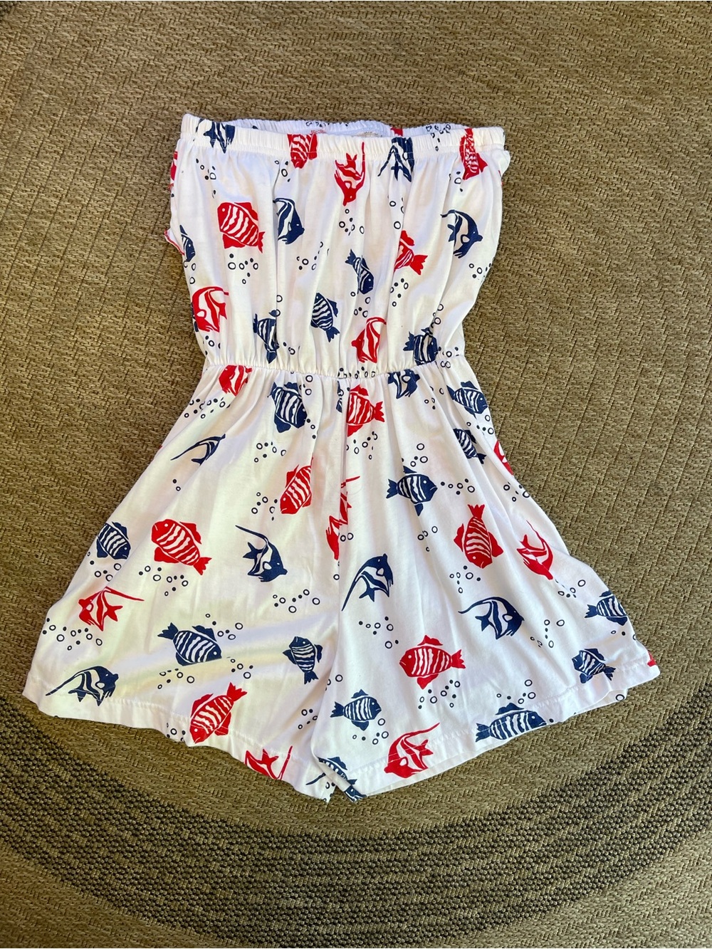 Strapless white romper with red & blue nautical fish print & ruffled neckline - Picture 2 of 10